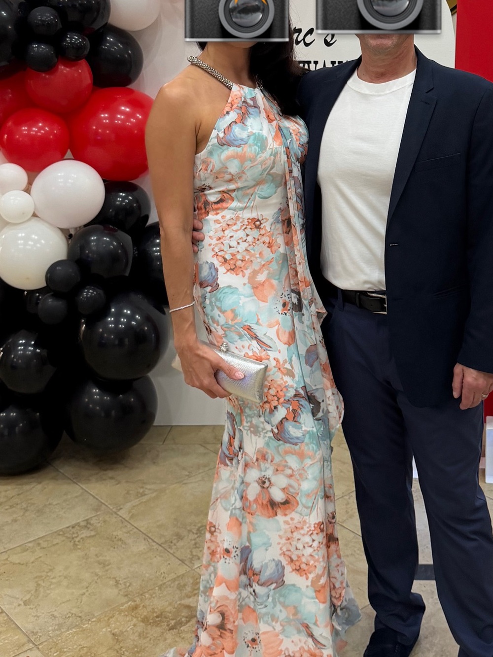 Calvin Klein Floral Halter Maxi Dress in Peach & Aqua